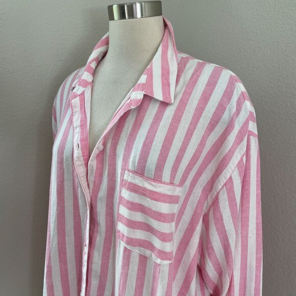 Old Navy Womens Plus XXL Boyfriend Shirt Pink White Striped Linen Blend Blouse - Picture 2 of 10